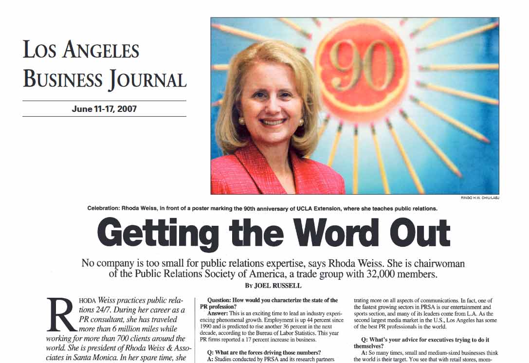 Los Angeles Business Journal article: Getting the Word Out - Interview with Rhoda Weiss, Ph.D.